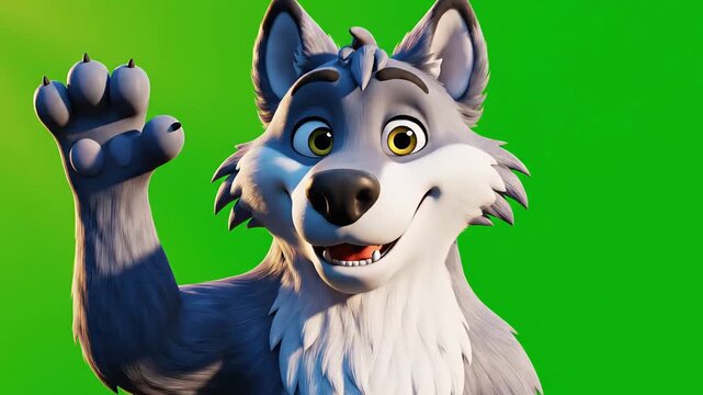 A cartoon wolf with a greenscreen background playfully waves its paw in a friendly gesture.