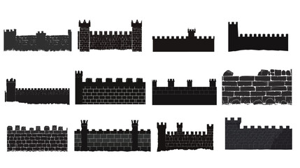 Solid black silhouette of a robust fortified wall symbolizing strength, defense, security, protection, historical architecture, ancient fortification structure, resilience concept and strong barrier 