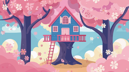 Spring blossom treehouse hidden among cherry trees surrounded by soft pink flowers, fresh green leaves and gentle sunlight, representing nature escape, fantasy architecture, peaceful spring landscape,