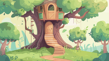 Storybook style cartoon treehouse with oversized doors and whimsical details, surrounded by nature and greenery, creating a magical fantasy home concept for children stories, imagination