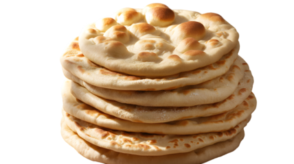 Stack of freshly baked fluffy naan bread ready for serving on transparent background