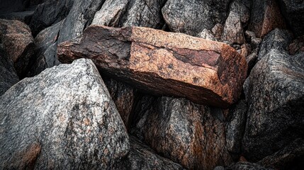 Granite boulders with weathered surfaces in close up view