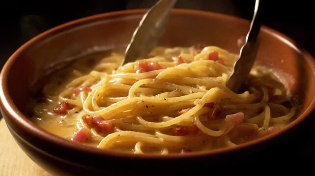 Delicious Spaghetti Carbonara Lifted with Tongs from a Ceramic Bowl