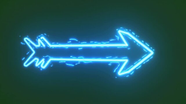 Neon blue arrow animation with electric energy effect, glowing directional pointer on dark green background, futuristic digital cursor motion graphic