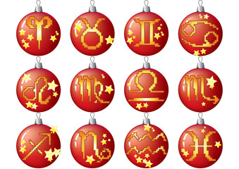 Zodiac signs on blue christmas balls