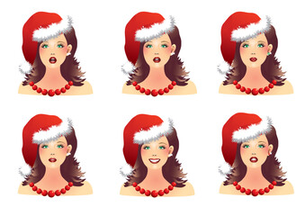 A set of emotional faces of girls wearing Christmas hats