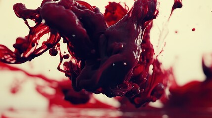 Deep red ink dissolving and spreading in clear water creating abstract fluid forms