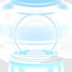 Futuristic transparent glass podium with blue neon light modern abstract stage background for product presentation and technology branding