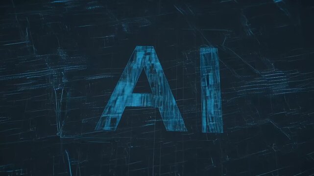 Artificial Intelligence AI typography on digital circuit board, glowing blue cyber security data background, futuristic machine learning concept
