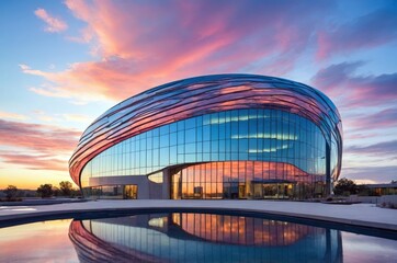 Sunset view of modern building with reflective glass windows and water feature in the foreground at evening