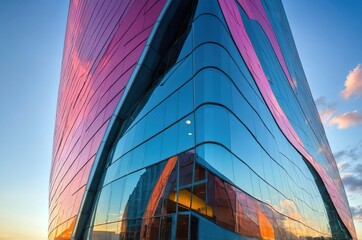 Modern building reflecting sunset colors in an urban setting during evening hours