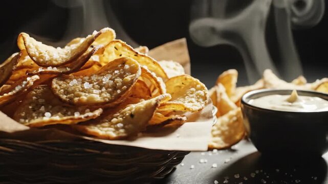 Dramatic slow pan across a basket of steaming thin-cut potato crisps presented on a dark moody surface perfect for a gourmet food advertisement delicious, slow pan, presentation
