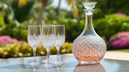 Elegant crystal decanter and wine glasses with clear liquid outdoors
