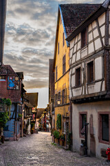 Fototapeta premium France, Alsace, Picturesque half-timbered houses in the historic center of Riquewihr
