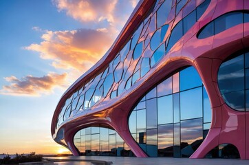 Modern building with unique design and colorful reflections at sunset near a scenic landscape