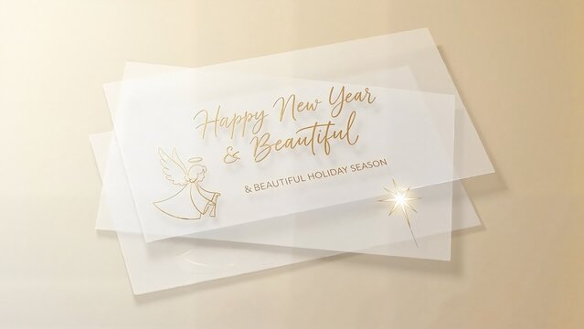 Handmade Christmas card made of thin paper and transparent vellum featuring three layers with an angel figure, holiday wishes, and a glowing Christmas star
