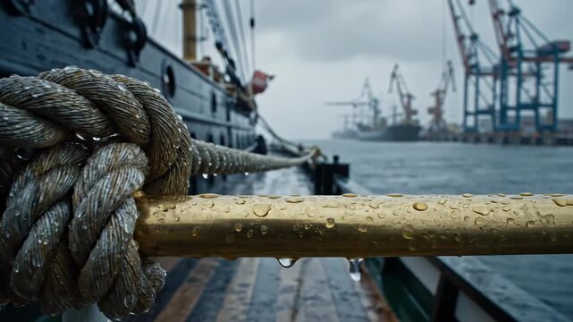 Dramatic slow pan across a tightly secured ship rope glistening wet from rain and tied around a brass railing during a heavy overcast morning at port corporate, overcast, atmosphere
