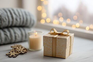 Elegant gold gift box with ribbon candle and wooden snowflakes by window with bokeh lights for christmas and holiday celebrations