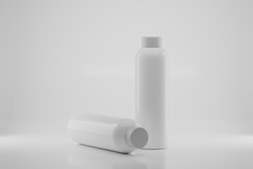 Minimal reusable water bottles mockup on glossy background, 3d rendering.