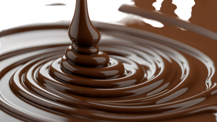Rich dark melted chocolate syrup pouring and swirling in a glossy smooth texture background on transparent background