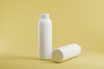 Reusable water bottles on pastel yellow branding mockup, 3d rendering.