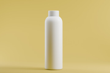 Reusable water bottles on pastel yellow branding mockup, 3d rendering.