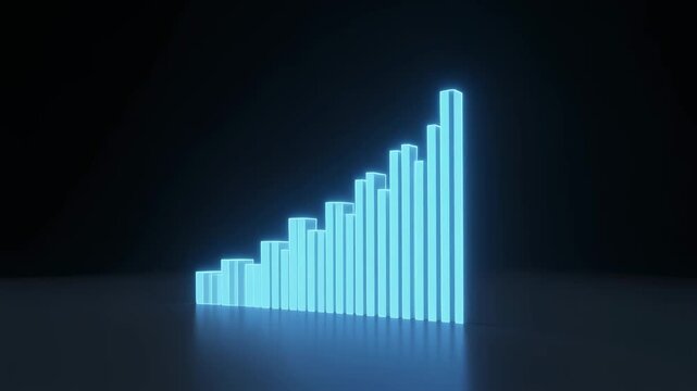 Animated glowing blue bar graph showing consistent business growth and digital data analysis against a minimalist dark background