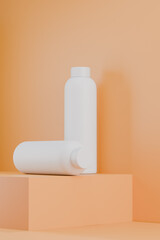 White reusable water bottles on pastel podium minimal mockup 3d rendering.