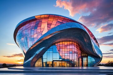 Modern building with colorful glass design at sunset in an urban area