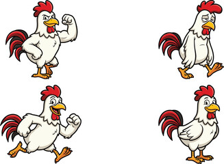Set of four cartoon chicken rooster characters in different poses, isolated on white background, funny farm animal illustration collection