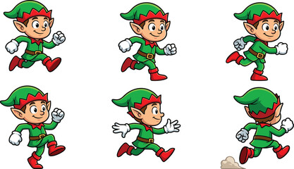 Cute Christmas elf running animation set cartoon character sequence festive holiday mascot illustration isolated on white background colorful vector