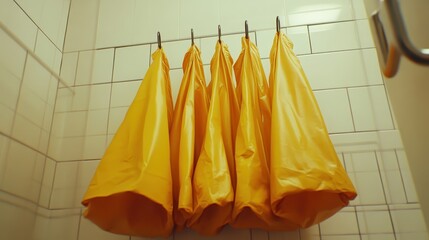 Hanging Bright Orange Protective Suits for Containment