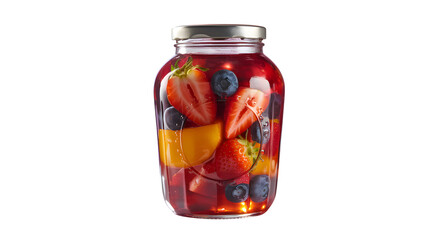 Refreshing fruit cocktail preserved in a glass mason jar with a silver lid on black on transparent background
