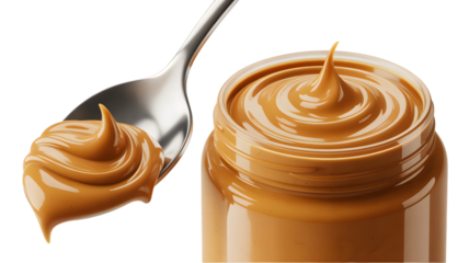 Creamy peanut butter swirl in a jar with a spoonful ready for tasting against on transparent background