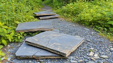 Rough stone slabs forming a textured pathway through lush green vegetation outdoors