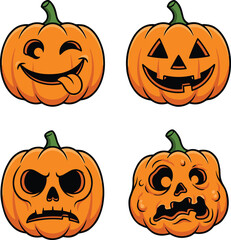 Funny halloween pumpkin faces set showing different emotions spooky cartoon jack o lantern illustrations isolated on white background