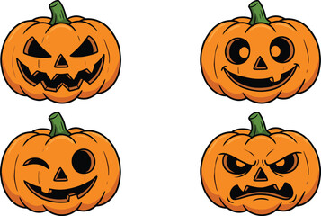 Set of four cartoon jack o lantern pumpkin faces, isolated on white background for Halloween illustration design, collection vector clipart