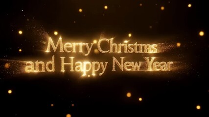 Golden merry christmas and happy new year text glowing with sparkling particles on dark festive background with warm light bokeh. Concept of holiday greeting and celebration - Powered by Adobe