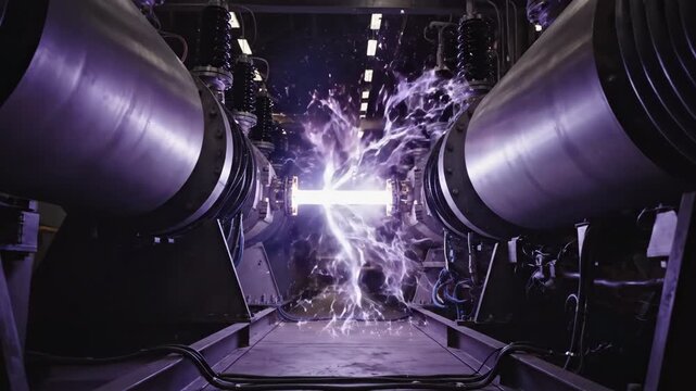 Dramatic slow pan shot capturing a stunning high-voltage violet plasma discharge bursting intensely across industrial conductors bathed in shadow science, shot, discharge