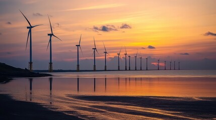 Offshore wind turbines are silhouetted against a vibrant sunset sky over the ocean reflecting on the calm water