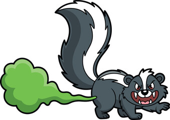 Funny skunk cartoon illustration, angry animal spraying green gas, humorous wildlife character vector isolated on white background design