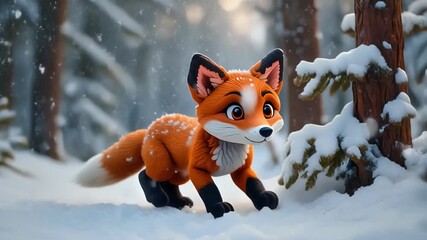 Adorable cartoon fox cub exploring a snow forest, perfect for winter scenes and children's stories