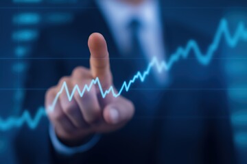 Businessman touching glowing stock market chart display blue background financial growth investment analysis business strategy and data visualization concepts