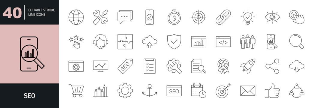 SEO icon set. Editable line icons. Vector illustration.