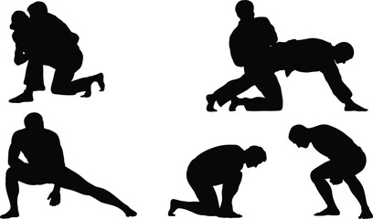 Wrestling grappling silhouettes set showing combat sports training positions strong athletes exercising martial arts isolated on white background