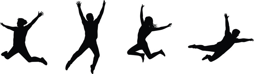Jumping people silhouettes expressing freedom joy and energy dynamic human action poses isolated on white background lifestyle concept