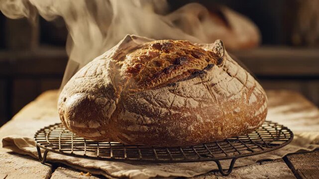 Dramatic slow steam rising from a cooling fresh baked loaf of sourdough bread resting on a metal wire rack in a rustic setting resting, fresh, setting