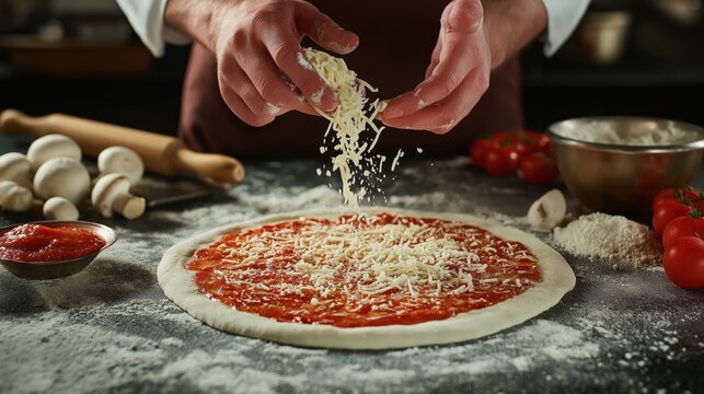 Chef preparing pizza dough with tomato sauce and shredded cheese on dark countertop for restaurant menu and recipe illustrations