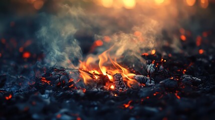 Smoldering embers glowing faintly within a heap of charred wood emitting smoke and vibrant orange flames in the darkness