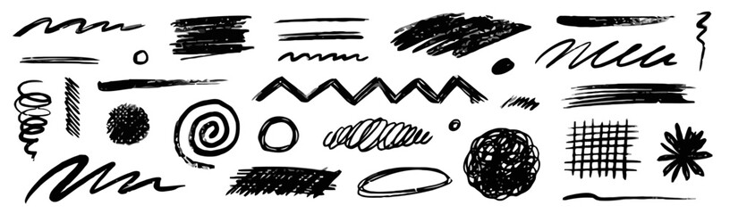 Assortment of Hand Drawn Black Ink Scribbles and Textures Keywords: scribble, brush stroke, line, texture, doodle, ink, hand drawn, abstract, mark, sketch, grunge, messy, artistic, graphic